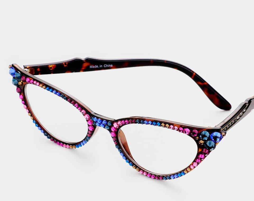 Cat Eye Fashion Crystal Readers - Multi Crystals/Brown Frames